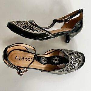 Ashro Black Kitten Heels with Gold Mesh Details and T Ankle Strap Shoes